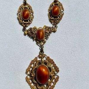 Vintage Art Deco Brass and Carnelian Stone Necklace